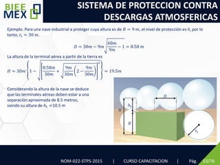 SISTEMA DE PROTECCION CONTRA
DESCARGAS ATMOSFERICAS
Pág. 53/76
Ejemplo. Para una nave industrial a proteger cuya altura es de 𝐵 = 9 𝑚, el nivel de protección es II, por lo
tanto, 𝑟𝑠 = 30 𝑚.
𝐷 = 30𝑚 − 9𝑚
60𝑚
9𝑚
− 1 = 8.58 𝑚
La altura de la terminal aérea a partir de la tierra es
𝐻 = 30𝑚 1 −
8.58𝑚
30𝑚
+
9𝑚
30𝑚
2 −
9𝑚
30𝑚
2
= 19.5𝑚
Considerando la altura de la nave se deduce
que las terminales aéreas deben estar a una
separación aproximada de 8.5 metros,
siendo su altura de ℎ𝑡 =10.5 m
NOM-022-STPS-2015 | CURSO CAPACITACION |
𝐷
𝐵
ℎ𝑡
𝐻
𝑟𝑠
 