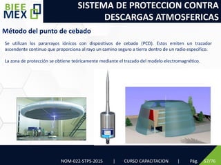SISTEMA DE PROTECCION CONTRA
DESCARGAS ATMOSFERICAS
Pág. 57/76
Método del punto de cebado
Se utilizan los pararrayos iónicos con dispositivos de cebado (PCD). Estos emiten un trazador
ascendente continuo que proporciona al rayo un camino seguro a tierra dentro de un radio especifico.
La zona de protección se obtiene teóricamente mediante el trazado del modelo electromagnético.
NOM-022-STPS-2015 | CURSO CAPACITACION |
 