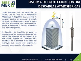 SISTEMA DE PROTECCION CONTRA
DESCARGAS ATMOSFERICAS
Pág. 58/76
Existen diferentes tipos de dispositivos de
cebado, uno de ellos es el denominado
“Dispositivo de impulsión” cuyo principio de
operación consiste en almacenar la energía
electrostática de la atmosfera cuando se acerca
una nube tormentosa para, posteriormente,
generar el cebado de la descarga ascendente
en el momento oportuno.
El dispositivo de impulsión se pone en
funcionamiento por un captador integrado que
mide el valor del campo eléctrico ambiental, de
esta forma, provoca una inversión casi-
instantanea de la polaridad de la cabeza del
pararrayos que genera una amplificación
brusca del campo eléctrico sobre su punta
NOM-022-STPS-2015 | CURSO CAPACITACION |
 