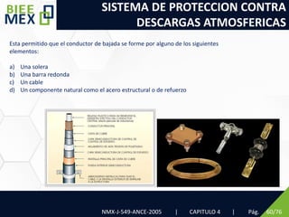 SISTEMA DE PROTECCION CONTRA
DESCARGAS ATMOSFERICAS
Pág. 60/76
Esta permitido que el conductor de bajada se forme por alguno de los siguientes
elementos:
a) Una solera
b) Una barra redonda
c) Un cable
d) Un componente natural como el acero estructural o de refuerzo
NMX-J-549-ANCE-2005 | CAPITULO 4 |
 