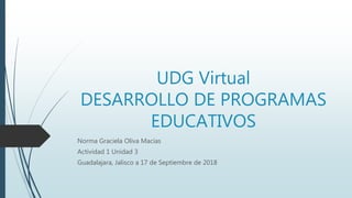 UDG Virtual
DESARROLLO DE PROGRAMAS
EDUCATIVOS
Norma Graciela Oliva Macías
Actividad 1 Unidad 3
Guadalajara, Jalisco a 17 de Septiembre de 2018
 