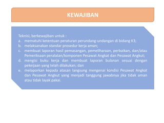 KEWAJIBAN
Teknisi, berkewajiban untuk :
a. mematuhi ketentuan peraturan perundang-undangan di bidang K3;
b. melaksanakan standar prosedur kerja aman;
c. membuat laporan hasil pemasangan, pemeliharaan, perbaikan, dan/atau
Pemeriksaan peralatan/komponen Pesawat Angkat dan Pesawat Angkut;
d. mengisi buku kerja dan membuat laporan bulanan sesuai dengan
pekeijaan yang telah dilakukan; dan
e. melaporkan kepada atasan langsung mengenai kondisi Pesawat Angkat
dan Pesawat Angkut yang menjadi tanggung jawabnya jika tidak aman
atau tidak layak pakai.
 