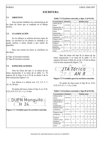 NORMA LIMAC-DMI-2007
ESCRITURA
7.1 OBJETIVO
Esta sección establece las características de
los tipos de letras que se emplean en el dibujo
técnico.
7.2 CLASIFICACIÓN
En los dibujos se utilizan diversos tipos de
letras. La escritura en los planos es rotulada y se
puede realizar a mano alzada o por medio de
plantillas.
Para esta norma las letras se clasifican en
dos tipos:
a) Tipo A Escritura estrecha.
b) Tipo B Escritura corriente.
7.3 ESPECIFICACIONES
Para las letras del tipo A, la altura de las
letras mayúsculas h se toma de la tabla 7.1. El
espesor de la línea d es 1/14 de la altura h de la
letra mayúscula (figura 3.1).
Las alturas h a utilizar son: 2.5, 3.5, 5, 7,
10, 14, 20 mm.
El ancho del trazo d para el tipo A es: 0.18,
0.25, 0.35, 0.5, 0.7, 1 y 1.4 mm.
Figura 7.1 Variables para la escritura estrecha.
Tabla 7.1 Escritura estrecha, o tipo A (d=h/14).
Características Relación Medidas (mm)
Altura de las
letras
mayúsculas h
(14/14)h 2.5 3.5 5 7 10 14 20
Altura de las
letras
minúsculas c
(10/14) h - 2.5 3.5 5 7 10 14
Espacio entre
caracteres a (2/14) h 0.35 0.5 0.7 1 1.4 2 2.8
Espacio entre
renglones b (20/14) h 3.5 5 7 10 14 20 28
Espacio
mínimo entre
palabras e
(6/14) h 1.05 1.5 2.1 3 4.2 6 8.4
Ancho del
trazo d (1/14) h 0.18 0.25 0.35 0.5 0.7 1 1.4
Para las letras del tipo B, la altura de las
letras mayúsculas h se toma de la tabla 7.2. El
espesor del trazo d debe de ser de 1/10 de la altura
h de la letra mayúscula (figura 7.2).
Figura 7.2 Variables para la escritura estrecha.
El ancho de trazo para el tipo B es: 0.25,
0.35, 0.5, 0.7, 1, 1.4 y 2 mm.
Tabla 7.2 Escritura corriente o tipo B (d=h/10).
Características Relación Medidas (mm)
Altura de las
letras
mayúsculas h
(10/10) h 2.5 3.5 5 7 10 14 20
Altura de las
letras
minúsculas c
(7/10) h - 2.5 3.5 5 7 10 14
Espacio entre
caracteres a (2/10) h 0.5 0.7 1 1.4 2 2.8 4
Espacio entre
renglones b (14/10) h 3.5 5 7 10 14 20 28
Espacio
mínimo entre
palabras e
(6/10) h 1.5 2.1 3 4.2 6 8.4 12
Ancho del
trazo d (1/10) h 0.25 0.35 0.5 0.7 1 1.4 2
Download From: http://http://limac3.fi-c.unam.mx/ on 24/03/2014
 