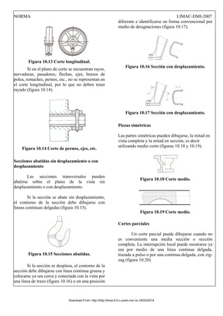 NORMA LIMAC-DMI-2007
Figura 10.13 Corte longitudinal.
Si en el plano de corte se encuentran rayos,
nervaduras, pasadores, flechas, ejes, brazos de
polea, remaches, pernos, etc., no se representan en
el corte longitudinal, por lo que no deben tener
rayado (figura 10.14).
Figura 10.14 Corte de pernos, ejes, etc.
Secciones abatidas sin desplazamiento o con
desplazamiento
Las secciones transversales pueden
abatirse sobre el plano de la vista sin
desplazamiento o con desplazamiento.
Si la sección se abate sin desplazamiento,
el contorno de la sección debe dibujarse con
líneas continuas delgadas (figura 10.15).
Figura 10.15 Secciones abatidas.
Si la sección se desplaza, el contorno de la
sección debe dibujarse con línea continua gruesa y
colocarse ya sea cerca y conectada con la vista por
una línea de trazo (figura 10.16) o en una posición
diferente e identificarse en forma convencional por
medio de designaciones (figura 10.17).
Figura 10.16 Sección con desplazamiento.
Figura 10.17 Sección con desplazamiento.
Piezas simétricas
Las partes simétricas pueden dibujarse, la mitad en
vista completa y la mitad en sección, es decir
utilizando medio corte (figuras 10.18 y 10.19).
Figura 10.18 Corte medio.
Figura 10.19 Corte medio.
Cortes parciales
Un corte parcial puede dibujarse cuando no
es conveniente una media sección o sección
completa. La interrupción local puede mostrarse ya
sea por medio de una línea continua delgada,
trazada a pulso o por una continua delgada, con zig-
zag (figura 10.20).
Download From: http://http://limac3.fi-c.unam.mx/ on 24/03/2014
 
