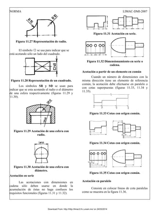 NORMA LIMAC-DMI-2007
Figura 11.27 Representación de radio.
El símbolo se usa para indicar que se
está acotando sólo un lado del cuadrado.
Figura 11.28 Representación de un cuadrado.
Los símbolos SR y SΦ se usan para
indicar que se esta acotando el radio o el diámetro
de una esfera respectivamente (figuras 11.29 y
11.30).
Figura 11.29 Acotación de una esfera con
radio.
Figura 11.30 Acotación de una esfera con
diámetro.
Acotación en serie
Las acotaciones con dimensiones en
cadena sólo deben usarse en donde la
acumulación de éstas no haga confusos los
requisitos funcionales (figuras 11.31 y 11.32).
Figura 11.31 Acotación en serie.
Figura 11.32 Dimensionamiento en serie o
cadena.
Acotación a partir de un elemento en común
Cuando un número de dimensiones con la
misma dirección tiene un elemento de referencia
común, la acotación debe efectuarse en paralelo o
con cotas superpuestas (figuras 11.33, 11.34 y
11.35).
Figura 11.33 Cotas con origen común.
Figura 11.34 Cotas con origen común.
Figura 11.35 Cotas con origen común.
Acotación en paralelo
Consiste en colocar líneas de cota paralelas
como se muestra en la figura 11.36.
Download From: http://http://limac3.fi-c.unam.mx/ on 24/03/2014
 