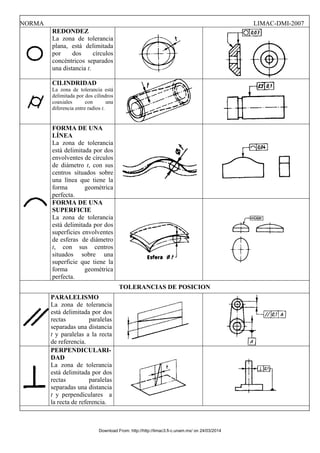 NORMA LIMAC-DMI-2007
REDONDEZ
La zona de tolerancia
plana, está delimitada
por dos círculos
concéntricos separados
una distancia t.
CILINDRIDAD
La zona de tolerancia está
delimitada por dos cilindros
coaxiales con una
diferencia entre radios t.
FORMA DE UNA
LÍNEA
La zona de tolerancia
está delimitada por dos
envolventes de círculos
de diámetro t, con sus
centros situados sobre
una línea que tiene la
forma geométrica
perfecta.
FORMA DE UNA
SUPERFICIE
La zona de tolerancia
está delimitada por dos
superficies envolventes
de esferas de diámetro
t, con sus centros
situados sobre una
superficie que tiene la
forma geométrica
perfecta.
TOLERANCIAS DE POSICION
PARALELISMO
La zona de tolerancia
está delimitada por dos
rectas paralelas
separadas una distancia
t y paralelas a la recta
de referencia.
PERPENDICULARI-
DAD
La zona de tolerancia
está delimitada por dos
rectas paralelas
separadas una distancia
t y perpendiculares a
la recta de referencia.
Download From: http://http://limac3.fi-c.unam.mx/ on 24/03/2014
 