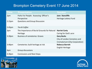 Brompton Cemetery Event 17 June 2014
Time Presentation Speaker
2pm Parks For People:  Assessing  Officer’s 
Perspective
Jane Stancliffe
Heritage Lottery Fund
2.15pm Questions and Group Discussion  
2.45pm Tea & Coffee
3pm The Importance of Burial Grounds for Natural 
Heritage
Harriet Carty
Caring for God’s acre
3.20pm Business of cemeteries: Graves Gary Burks
City of London Cemetery and 
Crematorium (City Corporation)
3.40pm Cemeteries: built heritage at risk Rebecca Barrett
English Heritage
4pm Group discussions  
4.30pm Conclusions and Next Steps  
 
