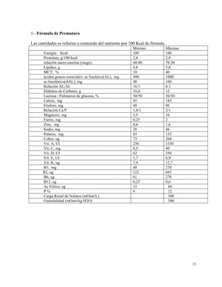 1.- Fórmula de Prematuro

Las cantidades se refieren a contenido del nutriente por 100 Kcal de fórmula.
                                                          Mínimo                Máximo
      Energía: Kcal                                       100                   100
      Proteínas, g/100 kcal                               2,6                   2,9
      relación suero:caseína (rango)                      60:40                 70:30
      Lípidos, g                                          4,8                   5,8
      MCT, %                                              10                    40
      ácidos grasos esenciales: ac linoleico(AL), mg      490                   1000
      ac.linolénico(AAL), mg                              48                    100
      Relación AL/AL                                      16:1                  6:1
      Hidratos de Carbono, g                              10,4                  12
      Lactosa / Polímeros de glucosa, %                   50/50                 50/50
      Calcio, mg                                          85                    185
      Fósforo, mg                                         48                    96
      Relación Ca/P                                       1,6/1                 2/1
      Magnesio, mg                                        5,5                   16
      Fierro, mg                                          0,25                  2
      Zinc, mg                                            0,6                   1,6
      Sodio, mg                                           28                    46
      Potasio, mg                                         85                    133
      Cobre, ug                                           73                    260
      Vit. A, UI                                          256                   1330
      Vit. C, mg                                          8,5                   40
      Vit. D, UI                                          62                    350
      Vit. E, UI                                          1,7                   6,9
      Vit. K, ug                                          7,9                   12,7
      B1, mg                                              48                    270
      B2, ug                                              122                   665
      B6, ug                                              61                    270
      B12, ug                                             0,25                  0,6
      Ac Fólico, ug                                       12                      66
      P%                                                  9                       12
      Carga Renal de Solutos (mOsm/L)                                             300
      Osmolalidad (mOsm/kg H2O)                                                   300




                                                                                         21
 