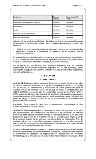 Decreto No. 838 del 23 de Marzo de 2005                                  Hoja No. 14




Parámetros                                      Mayor de        Menor o igual 15
                                                15TM/día        TM/día

Composición de Biogás CH4, CO2, O2              Trimestral      Semestral

Explosividad                                    Trimestral      Semestral

Caudal                                          Trimestral      Semestral

Partículas SuspendidasTotales                   Trimestral      Semestral

Partículas Respirables                          Trimestral      Semestral

Además de las fuentes superficiales y lixiviados, se deberá caracterizar las aguas
provenientes del sistema de drenaje, para corroborar que no existe contacto con
lixiviados.
-    Control y monitoreo de la calidad de aire, como mínimo, de acuerdo con los
    siguientes parámetros y frecuencia, sin perjuicio de lo dispuesto por la
    autoridad ambiental.
El procedimiento para realizar el monitoreo de aguas subterráneas y superficiales,
y de la calidad del aire se basará en los reglamentos técnicos que para el efecto
adopte el Ministerio de Ambiente, Vivienda y Desarrollo Territorial.
En el evento en que la autoridad ambiental encuentre que las medidas
establecidas en la licencia ambiental respectiva no se han ejecutado, podrá
incrementar el seguimiento y control en las frecuencias que considere necesarias,
con cargo al prestador.
                                     TITULO III
                                 COMPETENCIAS
Artículo 12. De los municipios y distritos. Dentro de las funciones asignadas a los
municipios o distritos, señaladas en la ley, les corresponde la definición y adopción
de los PGIRS, la identificación y localización de áreas potenciales para la
disposición final de residuos sólidos, en los que se ubique la infraestructura del
relleno sanitario, de acuerdo con la normatividad vigente en los POT, PBOT y
EOT, según sea el caso, para asegurar la prestación del servicio de disposición
final de los residuos sólidos generados en su jurisdicción de manera eficiente, sin
poner en peligro la salud humana, ni utilizar procedimientos y/o métodos que
puedan afectar el ambiente.
Parágrafo. Esta disposición rige para el departamento Archipiélago de San
Andrés, Providencia y Santa Catalina.
Artículo 13. De los departamentos. Dentro de las funciones asignadas en la ley a
los departamentos, les corresponde con relación a la prestación del servicio
público de aseo, apoyar financiera, técnica y administrativamente a las personas
prestadoras que operen en el departamento o a los Municipios que hayan asumido
la prestación directa de la actividad complementaria de disposición final de
residuos sólidos, así como a las empresas organizadas con participación de la
Nación o de los departamentos y entidades territoriales locales para desarrollar las
funciones de su competencia en esta materia.
Igualmente les corresponde impulsar y organizar sistemas de coordinación de las
entidades prestadoras de servicios públicos y promover, cuando razones técnicas
y económicas lo aconsejen, la organización de asociaciones de entidades
territoriales para la prestación de la actividad complementaria de disposición final
 