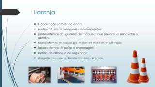 Laranja
 Canalizações contendo ácidos;
 partes móveis de máquinas e equipamentos;
 partes internas das guardas de máquinas que possam ser removidas ou
abertas;
 faces internas de caixas protetoras de dispositivos elétricos;
 faces externas de polias e engrenagens;
 botões de arranque de segurança;
 dispositivos de corte, borda de serras, prensas.
 