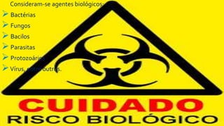 Consideram-se agentes biológicos:
Bactérias
Fungos
Bacilos
Parasitas
Protozoários
Vírus, entre outros.
 