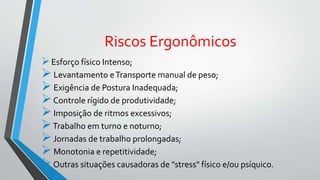 Riscos Ergonômicos
Esforço físico Intenso;
Levantamento eTransporte manual de peso;
Exigência de Postura Inadequada;
Controle rígido de produtividade;
Imposição de ritmos excessivos;
Trabalho em turno e noturno;
Jornadas de trabalho prolongadas;
Monotonia e repetitividade;
Outras situações causadoras de "stress" físico e/ou psíquico.
 