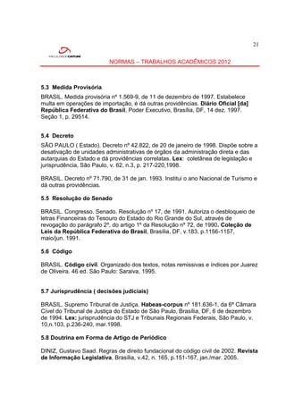 21


                          NORMAS – TRABALHOS ACADÊMICOS 2012



5.3 Medida Provisória
BRASIL. Medida provisória nº 1.569-9, de 11 de dezembro de 1997. Estabelece
multa em operações de importação, é dá outras providências. Diário Oficial [da]
República Federativa do Brasil, Poder Executivo, Brasília, DF, 14 dez. 1997.
Seção 1, p. 29514.


5.4 Decreto
SÃO PAULO ( Estado). Decreto nº 42.822, de 20 de janeiro de 1998. Dispõe sobre a
desativação de unidades administrativas de órgãos da administração direta e das
autarquias do Estado e dá providências correlatas. Lex: coletânea de legislação e
jurisprudência, São Paulo, v. 62, n.3, p. 217-220,1998.

BRASIL. Decreto nº 71.790, de 31 de jan. 1993. Institui o ano Nacional de Turismo e
dá outras providências.

5.5 Resolução do Senado

BRASIL. Congresso. Senado. Resolução nº 17, de 1991. Autoriza o desbloqueio de
letras Financeiras do Tesouro do Estado do Rio Grande do Sul, através de
revogação do parágrafo 2º, do artigo 1º da Resolução nº 72, de 1990. Coleção de
Leis da República Federativa do Brasil, Brasília, DF, v.183, p.1156-1157,
maio/jun. 1991.

5.6 Código

BRASIL. Código civil. Organizado dos textos, notas remissivas e índices por Juarez
de Oliveira. 46 ed. São Paulo: Saraiva, 1995.


5.7 Jurisprudência ( decisões judiciais)

BRASIL. Supremo Tribunal de Justiça. Habeas-corpus nº 181.636-1, da 6ª Câmara
Cível do Tribunal de Justiça do Estado de São Paulo, Brasília, DF, 6 de dezembro
de 1994. Lex: jurisprudência do STJ e Tribunais Regionais Federais, São Paulo, v.
10,n.103, p.236-240, mar.1998.

5.8 Doutrina em Forma de Artigo de Periódico

DINIZ, Gustavo Saad. Regras de direito fundacional do código civil de 2002. Revista
de Informação Legislativa, Brasília, v.42, n. 165, p.151-167, jan./mar. 2005.
 