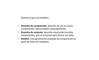 Quanto ao grau de detalhes
• Desenho de componente: desenho de um ou vários
componentes representados separadamente.
• Desenho de conjunto: desenho mostrando reunidos
componentes, que se associam para formar um todo.
• Detalhe: vista geralmente ampliada do componente ou
parte de todo um complexo.

 