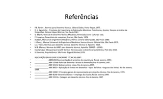 Referências
•
•
•
•
•
•
•
•
•
•

•
•
•
•
•
•
•

P.B. Ferlini , Normas para Desenho Técnico, Editora Globo, Porto Alegre,1977
O. L. Agostinho , Princípios de Engenharia de Fabricação Mecânica: Tolerâncias, Ajustes, Desvios e Análise de
Dimensões, Editora Edgard Blücher, São Paulo 1981
G. Manfé, Manual de Desenho Técnico Mecânico, Renovada Livros Culturais Ltda.
F. Provenza, Desenhista de maquinas, Pro-tec, São Paulo, 1978.
Dubbel , Manual do engenheiro Mecânico, Hemus Livraria Editora Ltda, São Paulo 1980.
J. Oberg , Manual Universal do Engenheiro Mecânico, Hemus Livraria Editora Ltda, São Paulo 1979.
C.A. Vieira, Normas para desenho técnico, desenho Técnico II, Apostila. 2003.
M.B. Mansur, Normas da ABNT para desenho técnico, Apostila. DEMET – UFMG.
Escola Edgar Albuquerque Graeff, Normas Técnicas para o desenho arquitetônico, PUC-GO, 2010.
G.Desenho, Arquitetônico. São Paulo: Edgard Blücher,1978.
ASSOCIAÇÃO BRASILEIRA DE NORMAS TÉCNICAS-ABNT.
_____________.NBR6492:Representação de projetos de arquitetura. Rio de Janeiro ,1994.
_____________.NBR 10068-Folha de desenho– leiaute e dimensões.Rio de Janeiro,1987.
_____________.NBR 13142-Dobramento e cópia. Rio de Janeiro,1999.
_____________.NBR 8403– Aplicação de linhas em desenhos – tipos de linhas –larguras das linhas. Rio de Janeiro,
1984.
_____________.NBR 10067–Princípios gerais de representação em desenho técnico. Rio de Janeiro, 1995.
_____________.NBR 8196–Desenho técnico – emprego de escalas.Rio de Janeiro,1999.
_____________.NBR 10126– Cotagem em desenho técnico. Rio de Janeiro,1987.

 