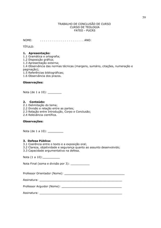 59
TRABALHO DE CONCLUSÃO DE CURSO
CURSO DE TEOLOGIA
FATEO - PUCRS
NOME: . . . . . . . . . . . . . . . . . . . . . . . ANO:
TÍTULO:
1. Apresentação:
1.1 Gramática e ortografia;
1.2 Disposição gráfica;
1.3 Apresentação externa;
1.4 Observância das normas técnicas (margens, sumário, citações, numeração e
paginação);
1.5 Referências bibliográficas;
1.6 Observância dos prazos.
Observações:
Nota (de 1 a 10): ________
2. Conteúdo:
2.1 Delimitação do tema;
2.2 Divisão e relação entre as partes;
2.3 Relação entre Introdução, Corpo e Conclusão;
2.4 Relevância científica.
Observações:
Nota (de 1 a 10): _________
3. Defesa Pública:
3.1 Coerência entre o texto e a exposição oral;
3.2 Clareza, objetividade e segurança quanto ao assunto desenvolvido;
3.3 Capacidade argumentativa na defesa.
Nota (1 a 10):__________
Nota Final (soma e divisão por 3): ___________
Professor Orientador (Nome): ___________________________________
Assinatura: ________________________________________________
Professor Arguidor (Nome): ___________________________________
Assinatura: ________________________________________________
 