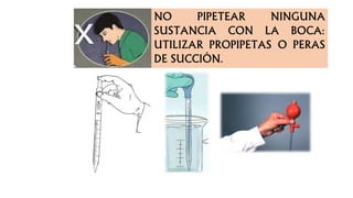 NO PIPETEAR NINGUNA
SUSTANCIA CON LA BOCA:
UTILIZAR PROPIPETAS O PERAS
DE SUCCIÓN.
 
