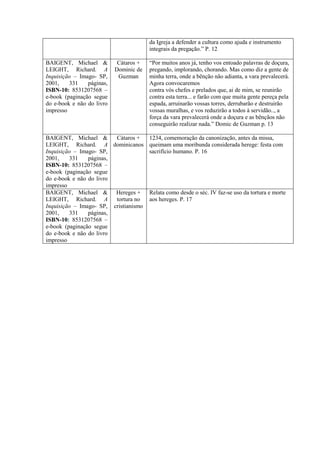 da Igreja a defender a cultura como ajuda e instrumento
integrais da pregação.” P. 12
BAIGENT, Michael &
LEIGHT, Richard. A
Inquisição – Imago- SP,
2001, 331 páginas,
ISBN-10: 8531207568 –
e-book (paginação segue
do e-book e não do livro
impresso
Cátaros +
Dominic de
Guzman
“Por muitos anos já, tenho vos entoado palavras de doçura,
pregando, implorando, chorando. Mas como diz a gente de
minha terra, onde a bênção não adianta, a vara prevalecerá.
Agora convocaremos
contra vós chefes e prelados que, ai de mim, se reunirão
contra esta terra... e farão com que muita gente pereça pela
espada, arruinarão vossas torres, derrubarão e destruirão
vossas muralhas, e vos reduzirão a todos à servidão.., a
força da vara prevalecerá onde a doçura e as bênçãos não
conseguirão realizar nada.” Domic de Guzman p. 13
BAIGENT, Michael &
LEIGHT, Richard. A
Inquisição – Imago- SP,
2001, 331 páginas,
ISBN-10: 8531207568 –
e-book (paginação segue
do e-book e não do livro
impresso
Cátaros +
dominicanos
1234, comemoração da canonização, antes da missa,
queimam uma moribunda considerada herege: festa com
sacrifício humano. P. 16
BAIGENT, Michael &
LEIGHT, Richard. A
Inquisição – Imago- SP,
2001, 331 páginas,
ISBN-10: 8531207568 –
e-book (paginação segue
do e-book e não do livro
impresso
Hereges +
tortura no
cristianismo
Relata como desde o séc. IV faz-se uso da tortura e morte
aos hereges. P. 17
 