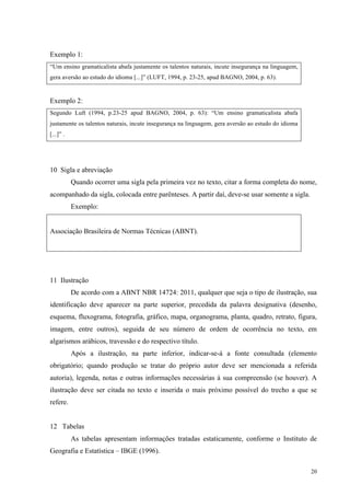 20
Exemplo 1:
“Um ensino gramaticalista abafa justamente os talentos naturais, incute insegurança na linguagem,
gera aversão ao estudo do idioma [...]” (LUFT, 1994, p. 23-25, apud BAGNO, 2004, p. 63).
Exemplo 2:
Segundo Luft (1994, p.23-25 apud BAGNO, 2004, p. 63): “Um ensino gramaticalista abafa
justamente os talentos naturais, incute insegurança na linguagem, gera aversão ao estudo do idioma
[...]” .
10 Sigla e abreviação
Quando ocorrer uma sigla pela primeira vez no texto, citar a forma completa do nome,
acompanhado da sigla, colocada entre parênteses. A partir daí, deve-se usar somente a sigla.
Exemplo:
Associação Brasileira de Normas Técnicas (ABNT).
11 Ilustração
De acordo com a ABNT NBR 14724: 2011, qualquer que seja o tipo de ilustração, sua
identificação deve aparecer na parte superior, precedida da palavra designativa (desenho,
esquema, fluxograma, fotografia, gráfico, mapa, organograma, planta, quadro, retrato, figura,
imagem, entre outros), seguida de seu número de ordem de ocorrência no texto, em
algarismos arábicos, travessão e do respectivo título.
Após a ilustração, na parte inferior, indicar-se-á a fonte consultada (elemento
obrigatório; quando produção se tratar do próprio autor deve ser mencionada a referida
autoria), legenda, notas e outras informações necessárias à sua compreensão (se houver). A
ilustração deve ser citada no texto e inserida o mais próximo possível do trecho a que se
refere.
12 Tabelas
As tabelas apresentam informações tratadas estaticamente, conforme o Instituto de
Geografia e Estatística – IBGE (1996).
 