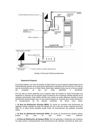 Puesta a Tierra para Telecomunicaciones
Disposición Espacial
El principal objetivo a la hora de localizar el Data Center es que el espacio seleccionado sea lo
suficientemente grande como para prever fácilmente la expansión de los servicios. Por esto es
que se recomienda que en un Data Center debe haber espacios libres que en un futuro puedan
ser ocupados ya sea por racks, gabinetes o servidores.
Por otro lado la norma especifica que el espacio debe ser dividido en áreas funcionales que
facilitarán la ubicación de los equipos según la jerarquía de la topología estrella seguida por el
cableado estructurado. Este diseño permite que cuando se quiera adicionar equipos se sepa
exactamente donde tendrán que ir lo que reduce tiempos en el estudio de la nueva ubicación o
la reorganización de los equipos existentes. Se tienen cinco áreas:
ü El Área de Distribución Principal (MDA): Es donde se concentra toda terminación de
cableado vertical, además de alojar los equipos de core, como los routers, switches de LAN o
PBX. En un Data Center pequeño puede incluir las terminaciones del cableado horizontal
(HDA).
ü El Área de Distribución Horizontal (HDA): Es donde se encuentra los equipos activos
propios del piso al que sirven como switches.
ü El Área de Distribución de Equipos (EDA): Son los gabinetes o bastidores que contienen
los patch panels correspondientes a las terminaciones del cableado horizontal de dicho piso.
 