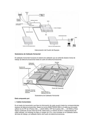 Interconexión del Cuarto de Equipos
Subsistema de Cableado Horizontal
El cableado horizontal incorpora el sistema de cableado que se extiende desde el área de
trabajo de telecomunicaciones hasta el cuarto de telecomunicaciones.
Subsistema de Cableado Horizontal
Está compuesto por:
ü Cables horizontales:
Es el medio de transmisión que lleva la información de cada usuario hasta los correspondientes
equipos de telecomunicaciones. Según la norma ANSI/TIA/EIA-568-A, el cable que se puede
utilizar es el UTP de 4 Pares (100 _ – 22/24 AWG), STP de 2 pares (150 _ – 22 AWG) y Fibra
Óptica multimodo de dos hilos 62,5/150. Debe tener un máximo de 90 m. independiente del
cable utilizado, sin embargo se deja un margen de 10 m. que consisten en el cableado dentro
del área de trabajo y el cableado dentro del cuarto de telecomunicaciones.
 