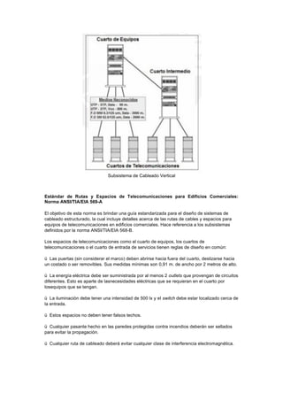 Subsistema de Cableado Vertical
Estándar de Rutas y Espacios de Telecomunicaciones para Edificios Comerciales:
Norma ANSI/TIA/EIA 569-A
El objetivo de esta norma es brindar una guía estandarizada para el diseño de sistemas de
cableado estructurado, la cual incluye detalles acerca de las rutas de cables y espacios para
equipos de telecomunicaciones en edificios comerciales. Hace referencia a los subsistemas
definidos por la norma ANSI/TIA/EIA 568-B.
Los espacios de telecomunicaciones como el cuarto de equipos, los cuartos de
telecomunicaciones o el cuarto de entrada de servicios tienen reglas de diseño en común:
ü Las puertas (sin considerar el marco) deben abrirse hacia fuera del cuarto, deslizarse hacia
un costado o ser removibles. Sus medidas mínimas son 0,91 m. de ancho por 2 metros de alto.
ü La energía eléctrica debe ser suministrada por al menos 2 outlets que provengan de circuitos
diferentes. Esto es aparte de lasnecesidades eléctricas que se requieran en el cuarto por
losequipos que se tengan.
ü La iluminación debe tener una intensidad de 500 lx y el switch debe estar localizado cerca de
la entrada.
ü Estos espacios no deben tener falsos techos.
ü Cualquier pasante hecho en las paredes protegidas contra incendios deberán ser sellados
para evitar la propagación.
ü Cualquier ruta de cableado deberá evitar cualquier clase de interferencia electromagnética.
 