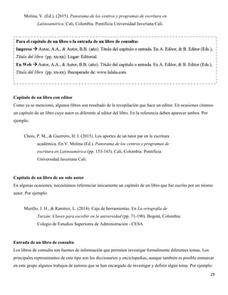 29
Molina, V. (Ed.). (2015). Panorama de los centros y programas de escritura en
Latinoamérica. Cali, Colombia. Pontificia Universidad Javeriana Cali.
Capítulo de un libro con editor
Como ya se mencionó, algunos libros son resultado de la recopilación que hace un editor. En ocasiones citamos
un capítulo de un libro cuyo autor es diferente al editor del libro. En la referencia deben aparecer ambos. Por
ejemplo:
Chois, P. M., & Guerrero, H. I. (2015). Los aportes de un tutor par en la escritura
académica. En V. Molina (Ed.), Panorama de los centros y programas de
escritura en Latinoamérica (pp. 153-163). Cali, Colombia: Pontificia
Universidad Javeriana Cali.
Capítulo de un libro de un solo autor
En algunas ocasiones, necesitamos referenciar únicamente un capítulo de un libro que fue escrito por un mismo
autor. Por ejemplo:
Murillo, J. H., & Ramírez, L. (2014). Caja de herramientas. En La ortografía de
Tarzán: Claves para escribir en la universidad (pp. 71-190). Bogotá, Colombia:
Colegio de Estudios Superiores de Administración - CESA
Entrada de un libro de consulta
Los libros de consulta son fuentes de información que permiten investigar formalmente diferentes temas. Los
principales representantes de este tipo son los diccionarios y enciclopedias, aunque también es posible enmarcar
en este grupo algunos trabajos de autores que se han encargado de investigar y definir algún tema. Por ejemplo:
 
