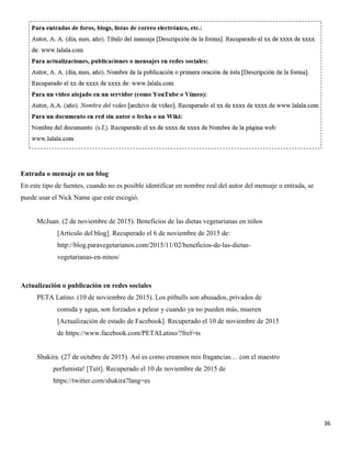 36
Entrada o mensaje en un blog
En este tipo de fuentes, cuando no es posible identificar en nombre real del autor del mensaje o entrada, se
puede usar el Nick Name que este escogió.
McJuan. (2 de noviembre de 2015). Beneficios de las dietas vegetarianas en niños
[Artículo del blog]. Recuperado el 6 de noviembre de 2015 de:
http://blog.paravegetarianos.com/2015/11/02/beneficios-de-las-dietas-
vegetarianas-en-ninos/
Actualización o publicación en redes sociales
PETA Latino. (10 de noviembre de 2015). Los pitbulls son abusados, privados de
comida y agua, son forzados a pelear y cuando ya no pueden más, mueren
[Actualización de estado de Facebook]. Recuperado el 10 de noviembre de 2015
de https://www.facebook.com/PETALatino/?fref=ts
Shakira. (27 de octubre de 2015). Así es como creamos mis fragancias… con el maestro
perfumista! [Tuit]. Recuperado el 10 de noviembre de 2015 de
https://twitter.com/shakira?lang=es
 