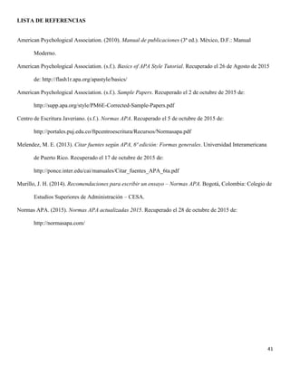 41
LISTA DE REFERENCIAS
American Psychological Association. (2010). Manual de publicaciones (3ª ed.). México, D.F.: Manual
Moderno.
American Psychological Association. (s.f.). Basics of APA Style Tutorial. Recuperado el 26 de Agosto de 2015
de: http://flash1r.apa.org/apastyle/basics/
American Psychological Association. (s.f.). Sample Papers. Recuperado el 2 de octubre de 2015 de:
http://supp.apa.org/style/PM6E-Corrected-Sample-Papers.pdf
Centro de Escritura Javeriano. (s.f.). Normas APA. Recuperado el 5 de octubre de 2015 de:
http://portales.puj.edu.co/ftpcentroescritura/Recursos/Normasapa.pdf
Melendez, M. E. (2013). Citar fuentes según APA, 6ª edición: Formas generales. Universidad Interamericana
de Puerto Rico. Recuperado el 17 de octubre de 2015 de:
http://ponce.inter.edu/cai/manuales/Citar_fuentes_APA_6ta.pdf
Murillo, J. H. (2014). Recomendaciones para escribir un ensayo – Normas APA. Bogotá, Colombia: Colegio de
Estudios Superiores de Administración – CESA.
Normas APA. (2015). Normas APA actualizadas 2015. Recuperado el 28 de octubre de 2015 de:
http://normasapa.com/
 