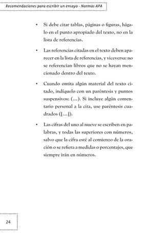 24
Recomendaciones para escribir un ensayo - Normas APA
Si debe citar tablas, páginas o ﬁguras, hága-•
lo en el punto apropiado del texto, no en la
lista de referencias.
Las referencias citadas en el texto deben apa-•
recer en la lista de referencias, y viceversa: no
se referencian libros que no se hayan men-
cionado dentro del texto.
Cuando omita algún material del texto ci-•
tado, indíquelo con un paréntesis y puntos
suspensivos: (…). Si incluye algún comen-
tario personal a la cita, use paréntesis cua-
drados ([…]).
Las cifras del uno al nueve se escriben en pa-•
labras, y todas las superiores con números,
salvo que la cifra esté al comienzo de la ora-
ción o se reﬁera a medidas o porcentajes, que
siempre irán en números.
TEXTODIGA.indd 24 01/02/2011 20:28:04
 