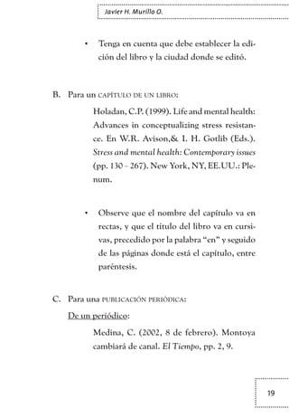 19
Javier H. Murillo O.
Tenga en cuenta que debe establecer la edi-•	
ción del libro y la ciudad donde se editó.
Para unB.	 capítulo de un libro:
	 Holadan, C.P. (1999). Life and mental health:
Advances in conceptualizing stress resistan-
ce. En W.R. Avison,& I. H. Gotlib (Eds.).
Stress and mental health: Contemporary issues
(pp. 130 – 267). New York, NY, EE.UU.: Ple-
num.
Observe que el nombre del capítulo va en•	
rectas, y que el título del libro va en cursi-
vas, precedido por la palabra “en” y seguido
de las páginas donde está el capítulo, entre
paréntesis.
Para unaC.	 publicación periódica:
De un periódico:
	 Medina, C. (2002, 8 de febrero). Montoya
cambiará de canal. El Tiempo, pp. 2, 9.
TEXTODIGA.indd 19 01/02/2011 20:28:04
 