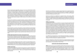 198 199
CONTRATACIÓN DOCENTE
rias en el nivel funcional programático, hasta por la suma de S/ 450 000 000,00 (CUATRO-
CIENTOS CINCUENTA MILLONES Y 00/100 SOLES), con la finalidad de ejecutar acciones
destinadas a: 1) implementación de infraestructura y equipamiento con fines educativos;
2) proyectos de inversión pública para el desarrollo de los XVIII Juegos Panamericanos de
2019; 3) acciones vinculadas a la mitigación y prevención de riesgos y desastres en infraes-
tructura educativa; 4) la adquisición de bienes y servicios destinados al fortalecimiento en
gestión administrativa, institucional y pedagógica en las unidades de gestión educativa de
Lima; 5) la implementación de plazas; y 6) para continuar con las acciones de la reforma
magisterial.
Para efecto de lo establecido en el párrafo precedente, exceptúase al Pliego 010: Ministerio
de Educación, durante el año fiscal 2015, de la aplicación de lo dispuesto en el artículo 80
del Texto Único Ordenado de la Ley N.° 28411, Ley General del Sistema Nacional de Presu-
puesto, aprobado por el Decreto Supremo N.° 304-2012-EF y sus modificatorias, así como
deloestablecidoenelnumeral9.1delartículo9yenlasexagésimacuartadisposicióncom-
plementaria final de la Ley N.° 30281, Ley de Presupuesto del Sector Público para el Año
Fiscal 2015.
Excepcionalmente, las acciones mencionadas en el primer párrafo de la presente disposi-
ción, vinculadas a gasto de capital, pueden ser financiadas con cargo a los recursos previs-
tos para el Ministerio de Educación en el literal c) del artículo 32 de la Ley N.° 30281, Ley de
PresupuestodelSectorPúblicoparaelAñoFiscal2015.Paralaejecucióndedichosrecursos
no resulta aplicable el segundo y el tercer párrafo del literal c) del artículo 32 de la Ley N.°
30281.
SÉPTIMA. Aplicación del Bono de Incentivo al Desempeño Escolar
El profesorado contratado en el marco del Contrato del Servicio Docente puede percibir el
Bono de Incentivo al Desempeño Escolar (BDE) regulado por el numeral 10.1 del artículo
10 del Decreto de Urgencia N.° 002-2014, y dentro del plazo establecido en el numeral 21.1
del artículo 21 de la Ley N.° 30281, Ley de Presupuesto del Sector Público para el Año Fiscal
2015.
Asimismo, autorízase al Ministerio de Educación a culminar con el pago del Bono de Incen-
tivo al Desempeño Escolar (BDE) otorgado en el año 2014, conforme a lo establecido en el
DecretoSupremoN.°287-2014-EFyalainformaciónpublicadaenelportalinstitucionaldel
Ministerio de Educación en el marco del artículo 4 del Decreto Supremo N.° 300-2014-EF.
OCTAVA. Exoneraciones
Para efectos de lo establecido en el artículo 2 de la presente Ley, exonérase al Ministerio de
Educación y a los gobiernos regionales de las prohibiciones previstas en el artículo 6 y el
numeral 8.1 del artículo 8 de la Ley N.° 30281, Ley de Presupuesto del Sector Público para
el Año Fiscal 2015.
Para efecto de lo establecido en la primera y segunda disposiciones complementarias fina-
les de la presente Ley, exonérase al Ministerio de Educación y a los gobiernos regionales de
laprohibiciónprevistaenelnumeral8.1delartículo8delaLeyN.°30281,LeydePresupues-
to del Sector Público para el Año Fiscal 2015.
Asimismo, para efectos de lo establecido en la segunda, tercera, cuarta, quinta y sétima
disposiciones complementarias finales de la presente Ley, exonérase a las entidades invo-
lucradas en la implementación de dichas disposiciones, de lo establecido en los artículos 6
y 16 de la Ley 30281, Ley de Presupuesto del Sector Público para el Año Fiscal 2015, según
corresponda.
NOVENA. Financiamiento
Lo establecido en la presente Ley se financia con cargo al presupuesto institucional del
Ministerio de Educación, sin demandar recursos adicionales al Tesoro Público. Para efec-
tos del financiamiento del pago de los conceptos señalados en el artículo 2, según corres-
ponda; de la bonificación económica por el otorgamiento de la condecoración de Palmas
Magisteriales, de la creación de plazas y contratación del profesorado e incremento de las
asignaciones establecidas en la Ley de Reforma Magisterial, a las que se hace referencia en
la presente Ley, autorízase al Ministerio de Educación a realizar modificaciones presupues-
tarias en el nivel institucional a favor de los gobiernos regionales, hasta por la suma de S/
201 100 038,00 (DOSCIENTOS UN MILLONES CIEN MIL TREINTA Y OCHO Y 00/100 SOLES).
Para tal efecto, el Ministerio de Educación y los gobiernos regionales quedan exceptuados
de lo dispuesto en el numeral 9.1 del artículo 9 de la Ley N.° 30281, Ley de Presupuesto del
Sector Público para el Año Fiscal 2015.
Las modificaciones presupuestarias en el nivel institucional autorizadas en el párrafo pre-
cedente,seapruebanmediantedecretosupremorefrendadoporelministrodeEconomíay
Finanzas y el ministro de Educación, a propuesta de este último.
Enlosañossubsiguientes,laaplicacióndelodispuestoenelsegundopárrafodelapresente
disposición, se financiará con cargo al presupuesto institucional de los gobiernos regiona-
les, sin demandar recursos adicionales al Tesoro Público.
DISPOSICIÓN COMPLEMENTARIA MODIFICATORIA
ÚNICA.DispónesequelosrecursostransferidosmedianteelDecretoSupremoN.°014-2015-
EF, a favor de la Municipalidad Provincial de Ayabaca, para el financiamiento del proyecto
deinversiónpública“MejoramientodelaOfertadelServicioEducativoenlaIEN.° 14379de
la Localidad San Juan de Cachiaco, Distrito de Pacaipampa - Ayabaca - Piura”, con código
SNIP 282130, se transfieren a favor de la Municipalidad Distrital de Pacaipampa, conforme
al siguiente detalle:
 