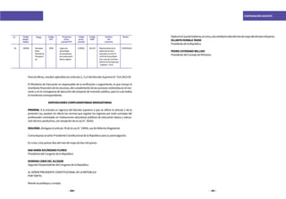 200 201
CONTRATACIÓN DOCENTE
Paratalefecto,resultanaplicableslosartículos2,3y4delDecretoSupremoN.°014-2015-EF.
El Ministerio de Educación es responsable de la verificación y seguimiento, lo que incluye el
monitoreofinancierodelosrecursos,delcumplimientodelasaccionescontenidasenelcon-
venio y en el cronograma de ejecución del proyecto de inversión pública, para lo cual realiza
elmonitoreocorrespondiente.
DISPOSICIONESCOMPLEMENTARIASDEROGATORIAS
PRIMERA. A la entrada en vigencia del decreto supremo a que se refiere el artículo 2 de la
presente Ley, quedan sin efecto las normas que regulan los ingresos por todo concepto del
profesorado contratado en instituciones educativas públicas de educación básica y educa-
cióntécnico-productiva,conexcepcióndelaLeyN.°30202.
SEGUNDA.Derógaseelartículo78delaLeyN.°29944,LeydeReformaMagisterial.
ComuníquesealseñorPresidenteConstitucionaldelaRepúblicaparasupromulgación.
EnLima,alosquincedíasdelmesdemayodedosmilquince.
ANAMARÍASOLÓRZANOFLORES
PresidentadelCongresodelaRepública
NORMANLEWISDELALCÁZAR
SegundoVicepresidentedelCongresodelaRepública
ALSEÑORPRESIDENTECONSTITUCIONALDELAREPÚBLICA
PORTANTO:
Mandosepubliqueycumpla.
Código
pliego/
ubigeo
Programa
presu-
puestal(PP)
Código
presu-
puestal
Código
(PP)
Código
SNIP
Nombre
del
proyecto
Monto
56 200206 0090 2196922 282130 3508045,00Municipa-
lidad
Distritalde
Pacaipam-
pa
Logrosde
aprendizaje
deestudiantes
delaeducación
básicaregular
Mejoramientodela
ofertadelservicio
educativoenlaIEN.°
14379delalocalidad
SanJuandeCachiaco,
distritodePacaipampa
-Ayabaca-Piura
N.º Pliego DadoenlaCasadeGobierno,enLima,alosveintiochodíasdelmesdemayodelañodosmilquince.
OLLANTAHUMALATASSO
PresidentedelaRepública
PEDROCATERIANOBELLIDO
PresidentedelConsejodeMinistros
 