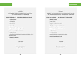 322 323
ESCALAFÓN MAGISTERIAL
MODELO1
LICENCIASSINGOCEDEREMUNERACIONESPORMOTIVOS
PARTICULARES(DOCENTESYAUXILIARES)
INFORMEESCALAFONARIONº- (AÑO-ABREVIATURADEINSTANCIAEMISORA)
	 1.ApellidosyNombres
	 2.CódigoModular
	 3.Situaciónactual
	 4.RégimenLaboral
	 5.GrupoOcupacionaly/oEscalaMagisterial
	 6.NivelRemunerativoy/oJornadaLaboral
	 7.Tiempodeservicios
	 8.Licenciaspormotivosparticularesdelosúltimosdocemesesalafechade
	 solicituddelalicencia.
	 9.Resolucióndecargoactual:
				LugaryFecha
…………………………….
Responsable delaEmisión
(Firmaysello)
MODELO2
SUBSIDIOPORFALLECIMIENTOY/OGASTOSDESEPELIO(PROFESO-
RESYAUXILIARESDEEDUCACIÓN–NOMBRADOOPENSIONISTA)
INFORMEESCALAFONARIONº- (AÑO-ABREVIATURADEINSTANCIAEMISORA)
	 1.ApellidosyNombres:
	 2.CódigoModular:	
	 3.CargoactualodesempeñadoalCese:
	 4.GrupoOcupacionaly/oEscalaMagisterial:
	 5.NivelRemunerativoy/oJornadaLaboral:
	 6.RégimenLaboral
	 7.TiempodeServicios:
	 8.ResoluciónqueotorgaPensióndefinitivadeCesantía:
	 9.Resolucióndelcargoactualoalcese:
				LugaryFecha
…………………………….
Responsable delaEmisión
(Firmaysello)
 