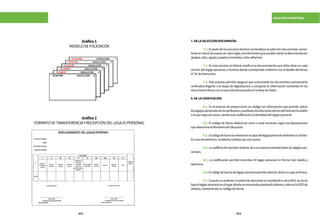 372 373
ESCALAFÓN MAGISTERIAL
Gráfico2
FORMATODETRANSFERENCIAYRECEPCIÓNDELLEGAJOPERSONAL
Gráfico1
MODELODEFOLICIACÓN
7.DELASELECCIÓNDOCUMENTAL
	 7.1.Espartedelosprocesostécnicosarchivísticoslaseleccióndocumental,consis-
tenteenretirarlascopiassinvalorlegalyloselementosquepuedendañarladocumentación
(grapas,clips,agujas,papelesencolados,cintaadhesiva).
	 7.2. En este proceso se deberá clasificar la documentación que debe obrar en cada
sección del legajo personal, e incluirla donde corresponda conforme con el detalle del Anexo
N°01deinstructivo.
	 7.3. Este proceso permite asegurar que únicamente los documentos previamente
verificados llegarán a la etapa de digitalización y comparar la información contenida en los
documentosfísicosconlaqueestáalmacenadaenlaBasedeDatos.
8.DELACODIFICACIÓN
	 8.1. Es el proceso de proporcionar un código con información que permite ubicar
loslegajospersonalesdelosprofesoresyauxiliaresdeeducacióndentrodelÁreadeEscalafón
oelquehagasusveces,siendoestacodificaciónlaidentidaddellegajopersonal.
	 8.2. El código de barras deberá ser único a nivel nacional, según las disposiciones
quedetermineelMinisteriodeEducación.
	 8.3.Elcódigodebarraseanexaraenlatapadellegajopersonalmedianteunsticker.
Encasodedeterioro,sedeberácambiarporunonuevo.
	 8.4. La codificación permite ordenar de una manera estandarizada los legajos per-
sonales.
	 8.5. La codificación permite encontrar el legajo personal en forma más rápida y
oportuna.
	8.6.Elcódigodebarrasdelegajopersonalpermiteademásubicarsucajaarchivera.
	8.7.CuandounprofesoroauxiliardeeducaciónestransferidoaotraIGED,sedade
bajaellegajopersonalenellugardondeseencontrabaprestandolaboresyaltaenlaIGEDde
destino,manteniendosucódigodebarras.
 