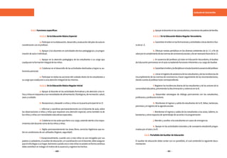 400 401
AUXILIAR DE EDUCACIÓN
	 3.2.2.Funcionesespecíficas
		3.2.2.1.EnlaEducaciónBásicaEspecial
		a.Participarenlaelaboración,desarrolloyevaluacióndelplandeaulaen
coordinaciónconelprofesor.
		b. Apoyar a los docentes en actividades técnico pedagógicas y la progra-
macióndeaulaeindividual.
		c. Apoyar en la atención pedagógica de los estudiantes a su cargo que
coadyuvenlaformaciónintegraldelosniños.
		d.Colaborareneldesarrollodelasactividadesdestinadasalograrsuau-
tonomíapersonal.
		e.Participarentodaslasaccionesdelcuidadodiariodelosestudiantesa
sucargoquecoadyuvenaunaatenciónintegraldelosmismos.
		3.2.2.2.EnlaEducaciónBásicaRegularInicial
		a. Apoyar al docente en las actividades formativas y de atención a los ni-
ñosyniñasenrespuestaasusnecesidadesdealimentación,fisiológicas,derecreación,salud,
aseoycuidado.
		b.RecepcionarydespediraniñosyniñasenlapuertaprincipaldelaI.E.
		c. Informar y coordinar permanentemente con el docente de aula, sobre
las observaciones a niños y niñas que requieran una atención especial, como también la de
losniñosyniñasconnecesidadeseducativasespeciales.
		d.Colaborarenlasaulasquetieneasucargo,estandoatentoalosreque-
rimientosdeldocentecomodelosniñosyniñas.
		e. Vigilar permanentemente las áreas libres, servicios higiénicos que es-
ténencondicionesdeserutilizados(higiene,seguridad).
		f. Excepcionalmente, cuando uno a más niños no son recogidos por sus
padresocuidadores,elauxiliardeeducación,encoordinaciónconeldocente,debeasegurar
queelniñollegueasuhogar.Asimismocuandounoomásniñosnoasistenenformacontinua
debecontribuirenindagarelmotivodelaausenciayregistrarloshechos.
		g.Apoyaraldocenteenlasconvocatoriasyreunionesdepadresdefamilia.
		3.2.2.3.EnlaEducaciónBásicaRegularSecundaria.
		a.Garantizarelordenenlasformacionesyactividadescívicasdentroofue-
radelaI.E.
		b. Efectuar rondas periódicas en los diversos ambientes de la I. E. a fin de
velarporelcumplimientodelasnormasdeconvivenciaescolarydesernecesariofueradelaI.E.
		c. En ausencia del profesor y/o tutor en Educación Secundaria, el Auxiliar
deEducaciónpermaneceenelaulacumpliendofuncionesinherentesasucargodeAuxiliar.
		d.Garantizarelordenyladisciplinaenelauladurantelaausenciadelprofesor.
		e.Llevarelregistrodeasistenciadelosestudiantesydelasincidenciasde
incumplimiento de las normas de convivencia y hacer seguimiento de las recomendaciones,
dandocuentaalprofesortutorcorrespondiente.
		f. Registrarlasincidenciasdiariasdelosestudiantesydelosactoresdela
comunidadeducativa,previniendoladiscriminaciónyviolenciaenlaIE.
		g. Desarrollar estrategias de diálogo permanente con los estudiantes,
profesoresyprofesorestutores.
		h. Monitorear el ingreso y salida de estudiantes de la IE, faltas, tardanzas,
permisosyelregistrodelaagendaescolar.
		i. Monitorear el ingreso y salida de los estudiantes a las aulas, talleres, la-
boratoriosyotrosespaciosdeaprendizajedeacuerdoalaprogramación.
		j.Atenderyauxiliaralosestudiantesencasosdeemergencia.
		k. Apoyar en las actividades tutoriales y de consejería estudiantil progra-
madasporeltutorylaIE.
	 3.2.3.PortafoliodelAuxiliardeEducación
El auxiliar de educación debe contar con un portafolio, el cual contendrá la siguiente docu-
mentación:
 