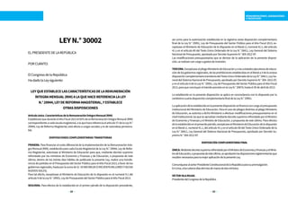 22 23
LEYN.°30002
ELPRESIDENTEDELAREPÚBLICA
PORCUANTO:
ElCongresodelaRepública
HadadolaLeysiguiente:
LEYQUEESTABLECELASCARACTERÍSTICASDELAREMUNERACIÓN
ÍN­TEGRAMENSUAL(RIM)ALAQUEHACEREFERENCIALALEY
N.°29944,LEYDEREFORMAMAGISTERIAL,YESTABLECE
OTRASDISPOSICIONES
Artículoúnico.CaracterísticasdelaRemuneraciónÍntegraMensual(RIM)
EstablécesequeduranteelAñoFiscal2013el65%delaRemuneraciónÍntegraMensual(RIM)
correspondienteacadaescalamagisterial,alaquehacereferenciaelartículo57delaLeyN.°
29944, Ley de Reforma Magisterial, está afecta a cargas sociales y es de naturaleza pensiona-
ble.
DISPOSICIONESCOMPLEMENTARIASTRANSITORIAS
PRIMERA. Para financiar el costo diferencial de la implementación de la Remuneración Ínte-
gra Mensual (RIM), establecida para cada Escala Magisterial de la Ley N.° 29944, Ley de Refor-
ma Magisterial, autorízase al Ministerio de Educación para que, mediante decreto supremo
refrendado por los ministros de Economía y Finanzas y de Educación, a propuesta de este
último, dentro de los treinta días hábiles de publicada la presente Ley, realice una transfe-
rencia de partidas en el Presupuesto del Sector Público para el Año Fiscal 2013, a favor de los
gobiernosregionales,hastaporlasumadeS/.50000000,00(CINCUENTAMILLONESY00/100
NUEVOSSOLES).
Para tal efecto, exceptúase al Ministerio de Educación de lo dispuesto en el numeral 9.1 del
artículo9delaLeyN.°29951,LeydePresupuestodelSectorPúblicoparaelAñoFiscal2013.
SEGUNDA. Para efectos de lo establecido en el primer párrafo de la disposición precedente,
REMUNERACIONES, ASIGNACIONES
E INCENTIVOS
así como para la autorización establecida en la vigésima sexta disposición complementaria
final de la Ley N.° 29951, Ley de Presupuesto del Sector Público para el Año Fiscal 2013, ex-
ceptúase al Ministerio de Educación de lo dispuesto en el literal c), numeral 41.1, del artículo
41 y en el artículo 80 del Texto Único Ordenado de la Ley N.° 28411, Ley General del Sistema
NacionaldePresupuesto,aprobadoporDecretoSupremoN.°304-2012-EF.
Las modificaciones presupuestarias que se derivan de la aplicación de la presente disposi-
ción,serealizanconcargoagastosdeinversión.
TERCERA.ExceptúasealpliegoMinisteriodeEducaciónyalasunidadesejecutorasdeeduca-
cióndelosgobiernosregionales,delasprohibicionesestablecidasenelliterala.5delaoctava
disposicióncomplementariatransitoriadelTextoÚnicoOrdenadodelaLeyN.°28411,LeyGe-
neraldelSistemaNacionaldePresupuesto,aprobadoporDecretoSupremoN.°304-2012-EF,
y en el artículo 6 de la Ley N.° 29951, Ley de Presupuesto del Sector Público para el Año Fiscal
2013,paraqueconcluyaneltrámiteprevistoenlaLeyN.°29874,hastael30deabrilde2013.
Lo establecido en la presente disposición se aplica en concordancia con lo dispuesto por la
centésimacuartadisposicióncomplementariafinaldelaLeyN.°29951.
Laaplicacióndeloestablecidoenlapresentedisposiciónsefinanciaconcargoalpresupuesto
institucional del Ministerio de Educación. Para el caso de pliegos distintos al pliego Ministerio
de Educación, se autoriza a dicho Ministerio a efectuar modificaciones presupuestarias en el
nivelinstitucional,lasqueseapruebanmediantedecretosupremorefrendadoporelMinistro
de Economía y Finanzas y el Ministro de Educación, a propuesta de este último. Para efectos
deloestablecidoenelpresentepárrafo,exceptúasealMinisteriodeEducacióndelodispuesto
en el literal c), numeral 41.1, del artículo 41 y en el artículo 80 del Texto Único Ordenado de la
Ley N.° 28411, Ley General del Sistema Nacional de Presupuesto, aprobado por Decreto Su-
premoN.°304-2012-EF.
DISPOSICIÓNCOMPLEMENTARIAFINAL
ÚNICA.MediantedecretosupremorefrendadoporelMinistrodeEconomíayFinanzasyelMinis-
trodeEducación,apropuestadeesteúltimo,seaprobaránlasdisposicionesreglamentariasque
resultennecesariasparalamejoraplicacióndelapresenteLey.
ComuníquesealseñorPresidenteConstitucionaldelaRepúblicaparasupromulgación.
EnLima,aloscatorcedíasdelmesdemarzodedosmiltrece.
VÍCTORISLAROJAS
PresidentedelCongresodelaRepública
 