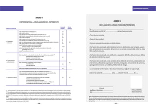 176 177
CONTRATACIÓN DOCENTE
ANEXO4
CRITERIOSPARALAEVALUACIÓNDELEXPEDIENTE
ASPECTOAEVALUAR
PUNTAJE
MÁXIMO
TOTAL
MÁXIMO
(*) Sielpostulanteesunodelcuadrodeméritosyseestádefiniendoeldesempate,eltítulopedagógicoconelquepostuló,nootorgapuntaje.
(**)Loscertificadosydiplomasdecapacitaciónqueseconsideranválidosparaelpresenteprocesodecontratacióndocente,sonlosotorgados
porlasuniversidades,institucionesdebidamentereconocidaspordecretossupremos,resolucionesministerialesoresolucionesdirectoralesde
laDIGESUTP.Asimismo,seconsideranválidosloscertificadosydiplomasdecapacitaciónotorgadosporlaDIGEBE,DIGEBAoporlasDRE/GRE/
UGEL.
(***)Laexperienciadocenteenelsectorpúblicoesválidaencualquieradelasfuncionesquecorrespondanaldocenteeneláreadeladocenciao
áreadegestiónpedagógicadeEducaciónBásicayTécnicoProductiva,ysesustentaconlapresentacióndelaresolucióndecontratoylasboletas
oconstanciasdepago,emitidasporlaDRE,UGEL.
a.Formación
Profesional
b.Capacitaciones
yactualizaciones
50
30
15
15
10
5
10
8
5
8
10
10
10
10
20 20
5c/u
5
4
a.1.Títuloprofesionalpedagógico(*)
a.2.Gradodedoctor
a.3.Estudiosconcluidosdedoctorado (excluyentecona.2)
a.4.Estudiosnoconcluidosdedoctorado(excluyentecona.2ya.3)
a.5.Gradodemaestría
a.6.Estudiosconcluidosdemaestría(Excluyentecona.5)
a.7.Estudiosnoconcluidosdemaestría(excluyentecona.5ya.6)
a.8.Otrotítulopedagógico otítulodesegundaespecialidadprofesionalenEducación
a.9.Títuloprofesionaluniversitarionopedagógico
a.10.Diplomadootorgadoporlasuniversidades
(hastaunmáximodedos(2)diplomados)
a.11.Gradodebachiller,egresadooestudiosconcluidosenEducación
(excluyentecona.1ya.8)
a.12.Títuloprofesionaltécnico
b.1.Capacitaciónyactualizacióndocente,afínalamodalidadquepostula (**)
	 -Realizadoenlosúltimoscinco(5)años
	 -Duraciónmínimade100horas
	 -Dos(2)puntosporcadaunodeellos
b.2.CapacitaciónenPRONAFCAP,quecertifique
	 -Niveldestacado
	 -Niveldesuficiencia
b.3.BecasintegralesautorizadasporDIGESUTP(extranjero)
c.1. Experiencialaboraldocente,afínalamodalidadquepostula (***)
Soloseconsideralaexperiencialaboralacumuladaenlosúltimoscinco(5)años,
durantelosmesesdemarzoadiciembre,teniendoencuenta:
	 - Corresponde0.40puntosporcadamesacreditado
	 -Máximoaconsiderar50meses
	 -Unmesequivalea30días(acumulable)
	 -Nocorrespondepuntajeporperiodosmenoresa30días,nies
	 acumulablelosdíasparacompletarunmes(30días)
c.ExperienciaLaboral
ANEXO5
DECLARACIÓNJURADAPARACONTRATACIÓN
Yo,………………………………………………………………………………………………
identificado(a)conDNIN.º………..…………,declarobajojuramento:
•Tenerbuenaconducta.
•Gozardebuenasalud.
•Notenerantecedentespenalespordelitodoloso.
• No haber sido sancionado administrativamente con destitución, cese temporal, suspen-
sión, amonestación o separación del servicio en el periodo comprendido entre los años
2011alafechainclusive.
• No haber sido sancionado con destitución o separación definitiva del servicio por delitos
deviolacióndelalibertadsexual.
• No haber sido condenado por la comisión de los delitos de terrorismo, colaboración con
el terrorismo, afiliación a organización terrorista, instigación, reclutamiento de personas,
apologíadelterrorismo,narcotráficoytráficoilícitodedrogas.
•Laveracidaddelainformaciónydeladocumentaciónqueadjuntoencopiasimple.
Dadoenlaciudadde………………. alos……..díasdelmesde…………de…..
…………………………….……………
(Firma)
ApellidosyNombres:…………………
DNI:……………………………………
HUELLADIGITAL
(índicederecho)
Nota:Sielpostulanteocultainformacióny/oconsignainformaciónfalsaseráexcluidodelprocesodeseleccióndepersonal.
Encasodehaberseproducidolacontratación,sedeberáprocederconlaconclusiónoanulacióndelcontratoporcomisión
defaltagrave,conarregloalasnormasvigentes,sinperjuiciodelaresponsabilidadpenalquehubieraincurrido(Art.4ºDS
017-96-PCM)
 