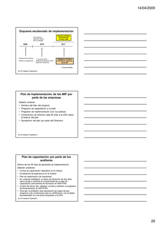 14/04/2009




     Esquema escalonado de implementación
                                                                 Estados contables
                              En la práctica                      trimestrales de
                              habrá que aplicar                    acuerdo a NIIF
                              NIIF en paralelo

            2009                        2010                          2011




     Difusión de las Normas
                                  1° de Enero 2010 –              PRIMEROS ESTADOS
     Planes de capacitación       Balance de Situación Inicial   CONTABLES ANUALES
                                  Bajo NIIF (transición)               BAJO NIIF


                                                                      (*) Fuente: Deloitte

    Dr. C.P. Hernán P. Casinelli ®




       Plan de implementación de las NIIF por
                parte de las empresas
     Deberá contener:
     • Nombre del líder del proyecto
     • Programa de capacitación a cumplir
     • Programa de implementación (con sus plazos)
     • Compromiso de informar cada 60 días a la CNV sobre
       el avance del plan
     • Aprobación del plan por parte del Directorio




    Dr. C.P. Hernán P. Casinelli ®




         Plan de capacitación por parte de los
                      auditores
Dentro de los 30 días de aprobada la implementación
deberán presentar:
• Cursos de capacitación realizados en la materia
• Acreditación de experiencia en la materia
• Plan de capacitación (de requerirse)
• Se propone establecer un plazo de transición de dos años,
  para cumplir y certificar el cumplimiento de un plan de
  capacitación permanente de formación en NIIF/IFRS
• A partir del tercer año, deberán cumplir y certificar un programa
  de entrenamiento en NIIF/IFRS
• Para ello, la profesión está estudiando las bases de ese
  programa y las condiciones para su certificación, con el objeto
  de presentarlo en una futura propuesta a la CNV
    Dr. C.P. Hernán P. Casinelli ®




                                                                                                    28
 