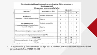 Forma semipresencial
- La organización y funcionamiento se rige por la Directiva Nº020-2013-MINEDU/VMGP-DIGEBA
aprobada por la R.M.Nº0427-2013-ED .
- En el ciclo Intermedio el docente cumple 25 horas pedagógicas semanales de lunes a domingo:
- Atiende a dos grupos de estudiantes, a razón de 12 horas pedagógicas, 10 horas presenciales, 2 de
 