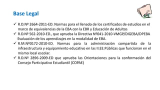 Base Legal
 R.D.Nº 2664-2011-ED. Normas para el llenado de los certificados de estudios en el
marco de equivalencias de la EBA con la EBR y Educación de Adultos
 R.D.Nº 562-2010-ED., que aprueba la Directiva Nº041-2010-VMGP/DIGEBA/DPEBA
Evaluación de los aprendizajes en la modalidad de EBA.
 R.M.Nº0172-2010-ED. Normas para la administración compartida de la
infraestructura y equipamiento educativo en las II.EE.Públicas que funcionan en el
mismo local escolar.
 R.D.Nº 2896-2009-ED que aprueba las Orientaciones para la conformación del
Consejo Participativo Estudiantil (COPAE)
 