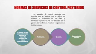 NORMAS DE SERVICIOS DE CONTROL POSTERIOR
Los servicios de control posterior son
aquellos que se realizan con el objeto de
efectuar la evaluación de los actos y
resultados ejecutados por las entidades en la
gestión de los bienes, recursos y operaciones
institucionales.
Elaboración del
informe.
Ejecución.
Planificación.
El proceso de todo
servicio de control
posterior se
desarrolla
mediante tres
etapas
interrelacionadas:
 