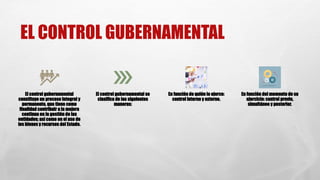 EL CONTROL GUBERNAMENTAL
El control gubernamental
constituye un proceso integral y
permanente, que tiene como
finalidad contribuir a la mejora
continua en la gestión de las
entidades; así como en el uso de
los bienes y recursos del Estado.
El control gubernamental se
clasifica de las siguientes
maneras:
En función de quién lo ejerce:
control interno y externo.
En función del momento de su
ejercicio: control previo,
simultáneo y posterior.
 
