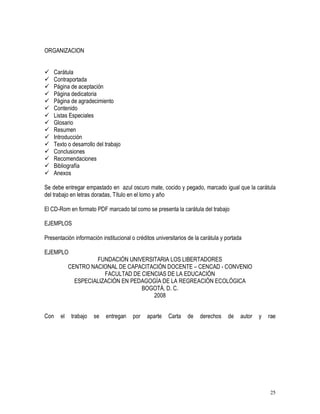 25
ORGANIZACION
 Carátula
 Contraportada
 Página de aceptación
 Página dedicatoria
 Página de agradecimiento
 Contenido
 Listas Especiales
 Glosario
 Resumen
 Introducción
 Texto o desarrollo del trabajo
 Conclusiones
 Recomendaciones
 Bibliografía
 Anexos
Se debe entregar empastado en azul oscuro mate, cocido y pegado, marcado igual que la carátula
del trabajo en letras doradas, Título en el lomo y año
El CD-Rom en formato PDF marcado tal como se presenta la carátula del trabajo
EJEMPLOS
Presentación información institucional o créditos universitarios de la carátula y portada
EJEMPLO
FUNDACIÓN UNIVERSITARIA LOS LIBERTADORES
CENTRO NACIONAL DE CAPACITACIÓN DOCENTE – CENCAD - CONVENIO
FACULTAD DE CIENCIAS DE LA EDUCACIÓN
ESPECIALIZACIÓN EN PEDAGOGÍA DE LA REGREACIÓN ECOLÓGICA
BOGOTÁ, D. C.
2008
Con el trabajo se entregan por aparte Carta de derechos de autor y rae
 
