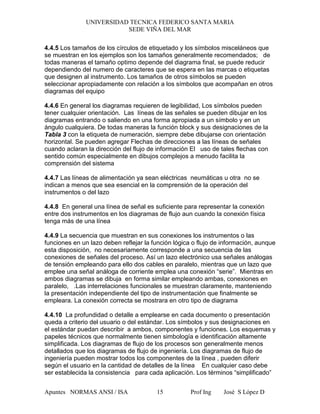 UNIVERSIDAD TECNICA FEDERICO SANTA MARIA
SEDE VIÑA DEL MAR
Apuntes NORMAS ANSI / ISA Prof Ing José S López D15
4.4.5 Los tamaños de los círculos de etiquetado y los símbolos misceláneos que
se muestran en los ejemplos son los tamaños generalmente recomendados; de
todas maneras el tamaño optimo depende del diagrama final, se puede reducir
dependiendo del numero de caracteres que se espera en las marcas o etiquetas
que designen al instrumento. Los tamaños de otros símbolos se pueden
seleccionar apropiadamente con relación a los símbolos que acompañan en otros
diagramas del equipo
4.4.6 En general los diagramas requieren de legibilidad, Los símbolos pueden
tener cualquier orientación. Las líneas de las señales se pueden dibujar en los
diagramas entrando o saliendo en una forma apropiada a un símbolo y en un
ángulo cualquiera. De todas maneras la función block y sus designaciones de la
Tabla 3 con la etiqueta de numeración, siempre debe dibujarse con orientación
horizontal. Se pueden agregar Flechas de direcciones a las líneas de señales
cuando aclaran la dirección del flujo de información El uso de tales flechas con
sentido común especialmente en dibujos complejos a menudo facilita la
comprensión del sistema
4.4.7 Las líneas de alimentación ya sean eléctricas neumáticas u otra no se
indican a menos que sea esencial en la comprensión de la operación del
instrumentos o del lazo
4.4.8 En general una línea de señal es suficiente para representar la conexión
entre dos instrumentos en los diagramas de flujo aun cuando la conexión física
tenga más de una línea
4.4.9 La secuencia que muestran en sus conexiones los instrumentos o las
funciones en un lazo deben reflejar la función lógica o flujo de información, aunque
esta disposición, no necesariamente corresponde a una secuencia de las
conexiones de señales del proceso. Así un lazo electrónico usa señales análogas
de tensión empleando para ello dos cables en paralelo, mientras que un lazo que
emplee una señal análoga de corriente emplea una conexión “serie”. Mientras en
ambos diagramas se dibuja en forma similar empleando ambas, conexiones en
paralelo, .Las interrelaciones funcionales se muestran claramente, manteniendo
la presentación independiente del tipo de instrumentación que finalmente se
empleara. La conexión correcta se mostrara en otro tipo de diagrama
4.4.10 La profundidad o detalle a emplearse en cada documento o presentación
queda a criterio del usuario o del estándar. Los símbolos y sus designaciones en
el estándar puedan describir a ambos, componentes y funciones. Los esquemas y
papeles técnicos que normalmente tienen simbología e identificación altamente
simplificada. Los diagramas de flujo de los procesos son generalmente menos
detallados que los diagramas de flujo de ingeniería. Los diagramas de flujo de
ingeniería pueden mostrar todos los componentes de la línea , pueden diferir
según el usuario en la cantidad de detalles de la línea En cualquier caso debe
ser establecida la consistencia para cada aplicación. Los términos “simplificado”
 