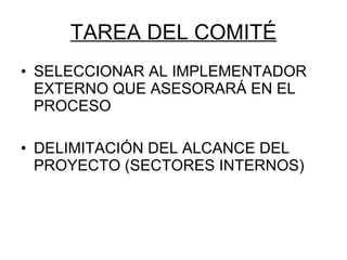 TAREA DEL COMITÉ SELECCIONAR AL IMPLEMENTADOR EXTERNO QUE ASESORARÁ EN EL PROCESO DELIMITACIÓN DEL ALCANCE DEL PROYECTO (SECTORES INTERNOS) 