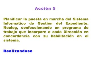 Acción 5   Planificar la puesta en marcha del Sistema Informático de Gestión del Expediente, Neuleg, confeccionando un programa de trabajo que incorpore a cada Dirección en concordancia con su habilitación en el sistema. Realizandose   