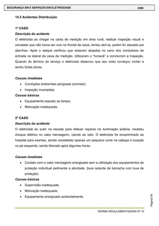 NORMA REGULAMENTADORA Nº 10
SEGURANÇA EM E SERVIÇOS EM ELETRICIDADE 2008
Página134
14.5 Acidentes Distribuição
1º CASO
Descrição do acidente
O eletricista ao chegar na caixa de medição em área rural, realizar inspeção visual e
constatar que não havia ser vivo no frontal da caixa, tentou abri-la, porém foi atacado por
abe-lhas. Após o ataque verificou que estavam alojadas no cano dos condutores de
entrada na lateral da caixa de medição. Utilizaram o ―fumacê‖ e concluíram a Inspeção.
Quando do término do serviço o eletricista observou que seu rosto começou inchar e
sentiu fortes dores.
Causas imediatas
Condições ambientais perigosas (animais);
Inspeção incompleta.
Causas básicas
Equipamento exposto ao tempo;
Motivação inadequada.
2º CASO
Descrição do acidente:
O eletricista ao subir na escada para efetuar reparos na iluminação pública, recebeu
choque elétrico no cabo mensageiro, caindo ao solo. O eletricista foi encaminhado ao
hospital para exames, sendo constatado apenas um pequeno corte na cabeça e luxação
no pé esquerdo, sendo liberado após algumas horas.
Causas imediatas
Contato com o cabo mensageiro energizado sem a utilização dos equipamentos de
proteção individual pertinente a atividade, (luva isolante de borracha com luva de
proteção).
Causas básicas
Supervisão inadequada;
Motivação inadequada;
Equipamento energizado acidentalmente.
 
