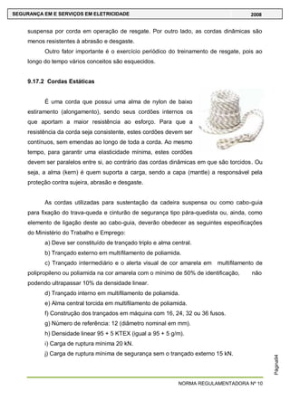 NORMA REGULAMENTADORA Nº 10
SEGURANÇA EM E SERVIÇOS EM ELETRICIDADE 2008
Página94
suspensa por corda em operação de resgate. Por outro lado, as cordas dinâmicas são
menos resistentes à abrasão e desgaste.
Outro fator importante é o exercício periódico do treinamento de resgate, pois ao
longo do tempo vários conceitos são esquecidos.
9.17.2 Cordas Estáticas
É uma corda que possui uma alma de nylon de baixo
estiramento (alongamento), sendo seus cordões internos os
que aportam a maior resistência ao esforço. Para que a
resistência da corda seja consistente, estes cordões devem ser
contínuos, sem emendas ao longo de toda a corda. Ao mesmo
tempo, para garantir uma elasticidade mínima, estes cordões
devem ser paralelos entre si, ao contrário das cordas dinâmicas em que são torcidos. Ou
seja, a alma (kern) é quem suporta a carga, sendo a capa (mantle) a responsável pela
proteção contra sujeira, abrasão e desgaste.
As cordas utilizadas para sustentação da cadeira suspensa ou como cabo-guia
para fixação do trava-queda e cinturão de segurança tipo pára-quedista ou, ainda, como
elemento de ligação deste ao cabo-guia, deverão obedecer as seguintes especificações
do Ministério do Trabalho e Emprego:
a) Deve ser constituído de trançado triplo e alma central.
b) Trançado externo em multifilamento de poliamida.
c) Trançado intermediário e o alerta visual de cor amarela em multifilamento de
polipropileno ou poliamida na cor amarela com o mínimo de 50% de identificação, não
podendo ultrapassar 10% da densidade linear.
d) Trançado interno em multifilamento de poliamida.
e) Alma central torcida em multifilamento de poliamida.
f) Construção dos trançados em máquina com 16, 24, 32 ou 36 fusos.
g) Número de referência: 12 (diâmetro nominal em mm).
h) Densidade linear 95 + 5 KTEX (igual a 95 + 5 g/m).
i) Carga de ruptura mínima 20 kN.
j) Carga de ruptura mínima de segurança sem o trançado externo 15 kN.
 