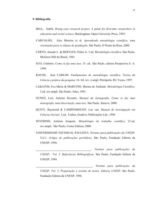 33
9. Bibliografia
BELL, Judith. Doing your research project. A guide for first-time researchers in
education and social science. Buckingham, Open University Press, 1993.
CARVALHO, Alex Moreira et al. Aprendendo metodologia científica: uma
orientação para os alunos de graduação. São Paulo, O Nome da Rosa, 2000.
CERVO, Amado L. & BERVIAN, Pedro A. 3.ed. Metodologia científica. São Paulo,
McGraw-Hill do Brasil, 1983.
ECO, Umberto. Como se faz uma tese. 15. ed.. São Paulo, editora Perspectiva S. A.
1999.
KOCHE, José CARLOS. Fundamentos de metodologia científica. Teoria da
Ciência e prática da pesquisa. 14. Ed. rev. e ampl. Petrópolis, RJ, Vozes, 1997.
LAKATOS, Eva Maria & MARCONI, Marina de Andrade. Metodologia Científica.
2.ed. rev.ampli. São Paulo, Atlas, 1991.
NUNES, Luiz Antonio Rizzatto. Manual da monografia. Como se faz uma
monografia, uma dissertação, uma tese. São Paulo, Saraiva, 2000.
QUIVY, Raymond & CAMPENHOUDT, Luc van. Manual de investigação em
Ciências Sociais. 2.ed.. Lisboa, Gradiva- Publicações Ltd., 1998.
SEVERINO, António Joaquim. Metodologia do trabalho científico. 21.ed.
rev.ampli.. São Paulo, Cortez Editora, 2000.
UNIVERSIDADE ESTADUAL PAULISTA. Normas para publicações da UNESP.
Vol.1. Artigos de publicações periódicas. São Paulo, Fundação Editora da
UNESP, 1994.
______________________________________. Normas para publicações da
UNESP. Vol. 2. Referências Bibliográficas. São Paulo, Fundação Editora da
UNESP, 1994.
_______________________________________. Normas para publicações da
UNESP. Vol. 3. Preparação e revisão de textos: Editora UNESP. São Paulo,
Fundação Editora da UNESP, 1994.
 